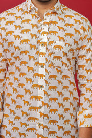 Cheetah Walk Shirt White Handblock Jungle Print | Rangat Jaipur